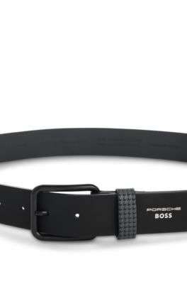 Cintur&oacute;n de piel italiana Porsche x BOSS con trabilla estampada, Negro