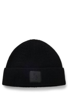 Bonnet en laine m&eacute;lang&eacute;e avec &eacute;tiquette logot&eacute;e, Noir