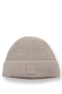 Gorro de punto de mezcla de lana con etiqueta con logo, Beige claro