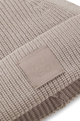 Bonnet en laine m&eacute;lang&eacute;e avec &eacute;tiquette logot&eacute;e, Beige clair