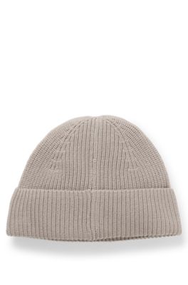 Gorro de punto de mezcla de lana con etiqueta con logo, Beige claro