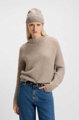 Gorro de punto de mezcla de lana con etiqueta con logo, Beige claro