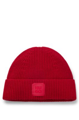 Bonnet en laine m&eacute;lang&eacute;e avec &eacute;tiquette logot&eacute;e, Rouge