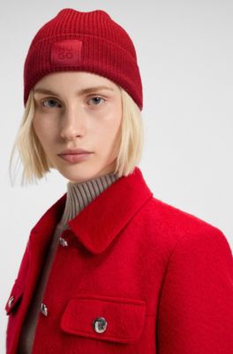 Bonnet en laine m&eacute;lang&eacute;e avec &eacute;tiquette logot&eacute;e, Rouge