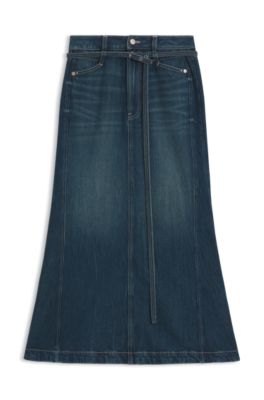 Falda de denim azul con silueta acampanada, Verde oscuro