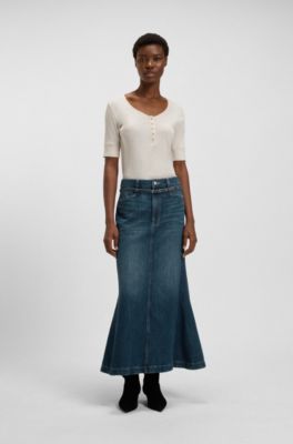 Falda de denim azul con silueta acampanada, Verde oscuro