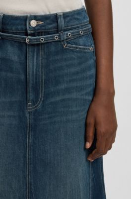 Falda de denim azul con silueta acampanada, Verde oscuro