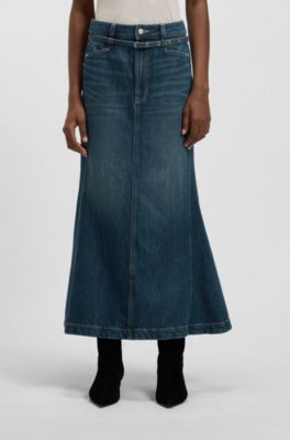 Falda de denim azul con silueta acampanada, Verde oscuro