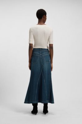 Falda de denim azul con silueta acampanada, Verde oscuro
