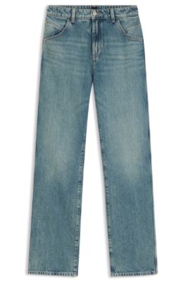 Emerald-cast straight-leg jeans rigid denim
