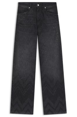Vaqueros de pernera ancha en denim negro con cristales, Negro