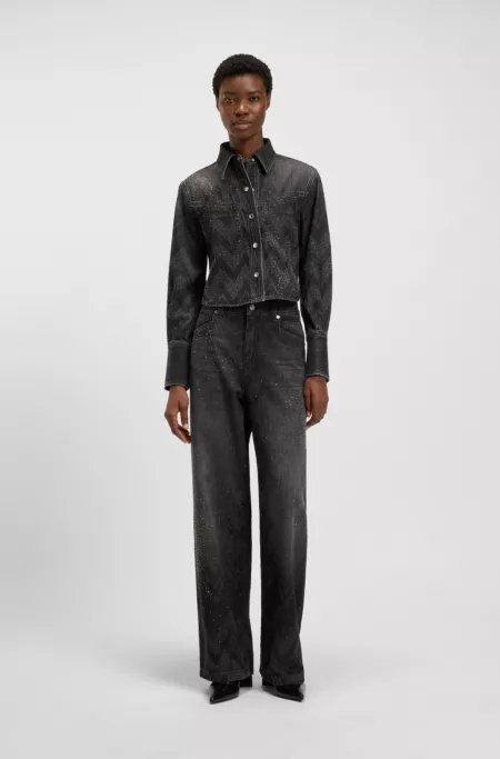 Wide-leg jeans in crystal-embellished denim