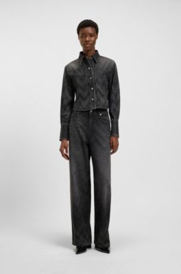 Vaqueros de pernera ancha en denim negro con cristales, Negro