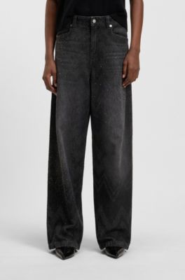 Vaqueros de pernera ancha en denim negro con cristales, Negro