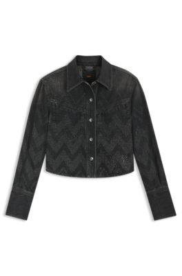 Blusa corta regular fit en denim con cristales, Negro