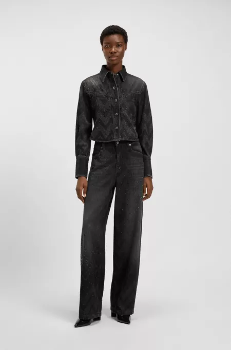 Cropped blouse in crystal-embellished denim