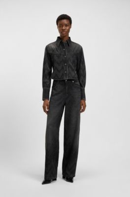 Blusa corta regular fit en denim con cristales, Negro