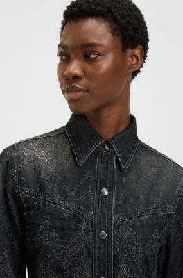 Chemisier court Regular en denim orn&eacute; de strass, Noir
