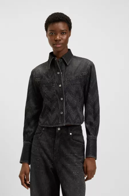 Cropped blouse in crystal-embellished denim