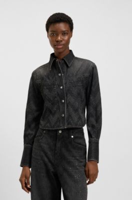Blusa corta regular fit en denim con cristales, Negro