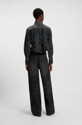 Chemisier court Regular en denim orn&eacute; de strass, Noir