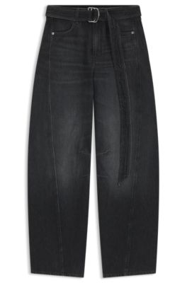Vaqueros de pernera globo en denim r&iacute;gido negro con cintur&oacute;n, Negro