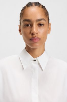 Blusa relaxed fit de algod&oacute;n con mangas medio abotonadas, Blanco