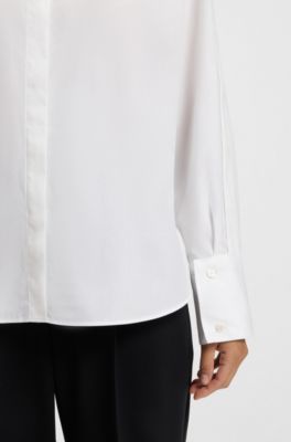 Blusa relaxed fit de algod&oacute;n con mangas medio abotonadas, Blanco