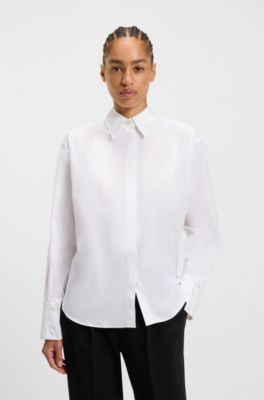 Blusa relaxed fit de algod&oacute;n con mangas medio abotonadas, Blanco