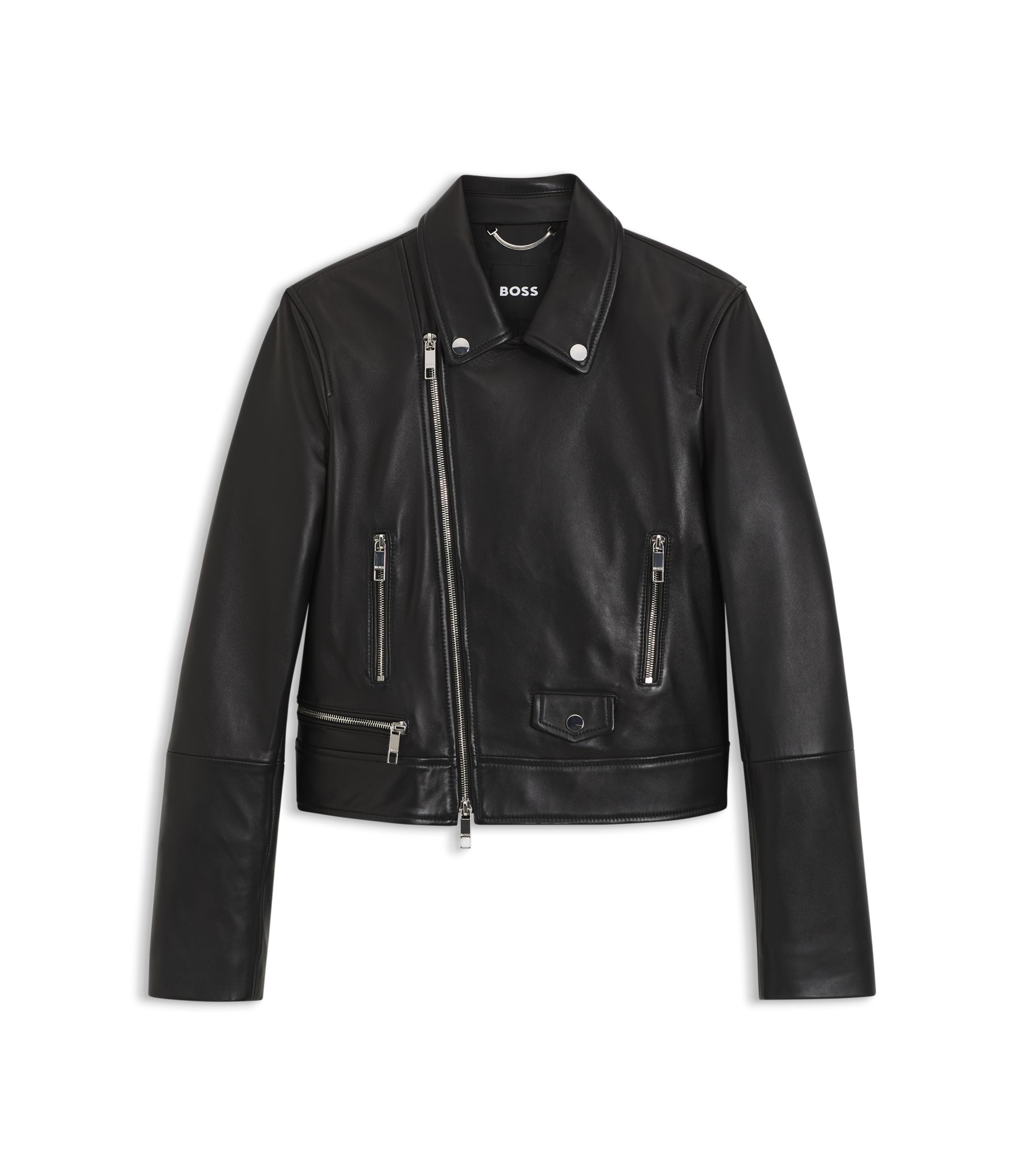 HUGO BOSSブラックレザー シングルライダースジャケット BOSS - Leather biker jacket in a regular fit - Black