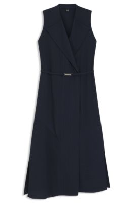 Pinstripe dress with buttoned wrap front, Dark Blue