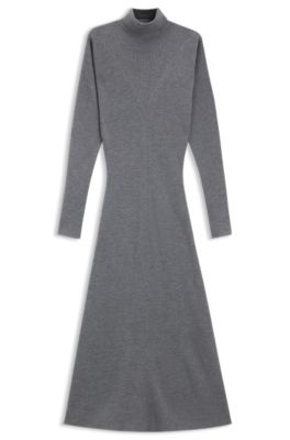 Vestido de punto con cuello vuelto en canal&eacute; de lana virgen, Gris claro