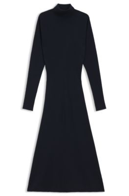 Vestido de punto con cuello vuelto en canal&eacute; de lana virgen, Azul oscuro