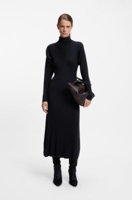 Vestido de punto con cuello vuelto en canal&eacute; de lana virgen, Azul oscuro