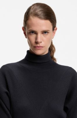 Vestido de punto con cuello vuelto en canal&eacute; de lana virgen, Azul oscuro