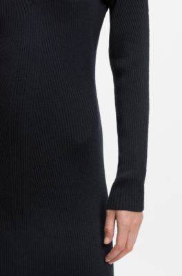 Vestido de punto con cuello vuelto en canal&eacute; de lana virgen, Azul oscuro