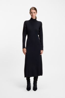 Vestido de punto con cuello vuelto en canal&eacute; de lana virgen, Azul oscuro