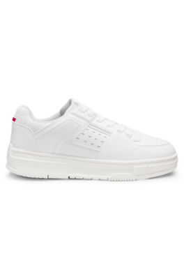 Mesh-trim trainers in faux leather, White