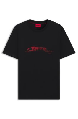 Camiseta de punto de algod&oacute;n con ilustraci&oacute;n de perro, Negro