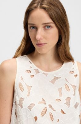 Sleeveless blouse with broderie anglaise, White