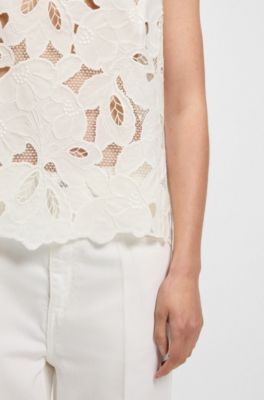 Sleeveless blouse with broderie anglaise, White