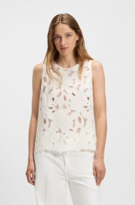 Sleeveless blouse with broderie anglaise, White