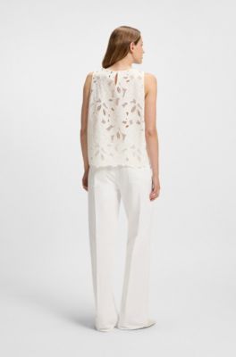 Sleeveless blouse with broderie anglaise, White