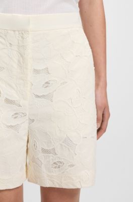 Wide-leg shorts with broderie anglaise, White