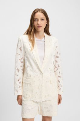 Blazer relaxed fit en mezcla de bamb&uacute; bordado, Blanco
