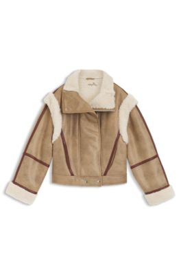 Detachable-sleeve jacket in faux shearling, Brown