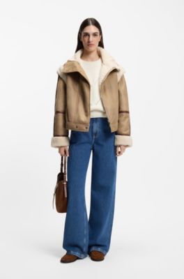 Detachable-sleeve jacket in faux shearling, Brown