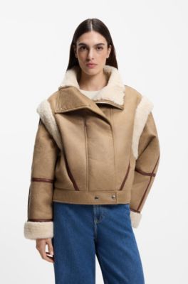 Detachable-sleeve jacket in faux shearling, Brown