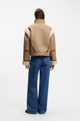 Detachable-sleeve jacket in faux shearling, Brown