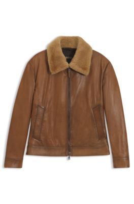 Chaqueta guateada de piel de napa con cuello de borreguillo extra&iacute;ble, Marr&oacute;n